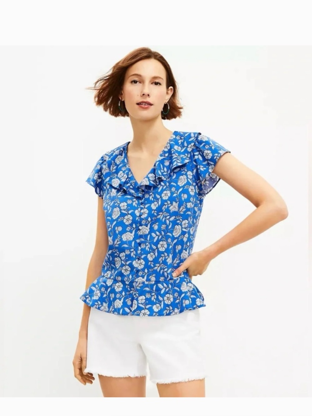 Loft Blue White Floral Ruffle Peplum Blouse Short Sleeve Size Medium